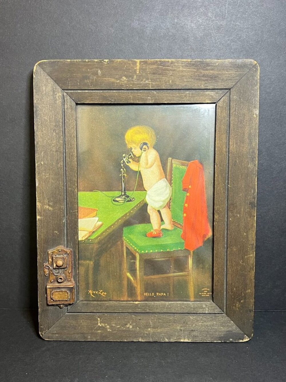 Antique 1905 Alice Lee "Hello Papa!" Ullman Mfg Telephone Child Wall Art 9.5"